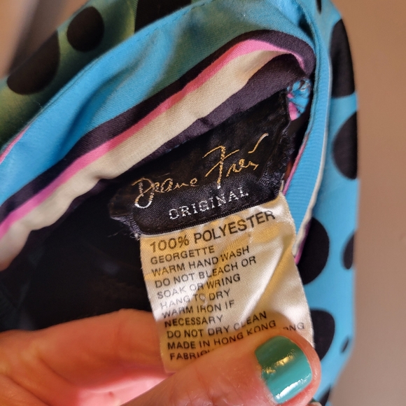 VINTAGE DIANE FREIS MIXED PATTERN PUFF SLEEVE DRAWSTRING WAIST BLOUSE - Picture 6 of 9